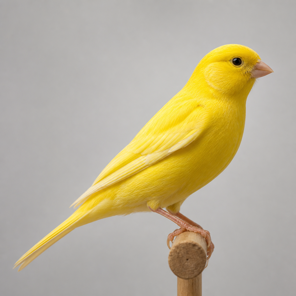 AI-generated source photo of a canary in profile, gripping a wooden perch