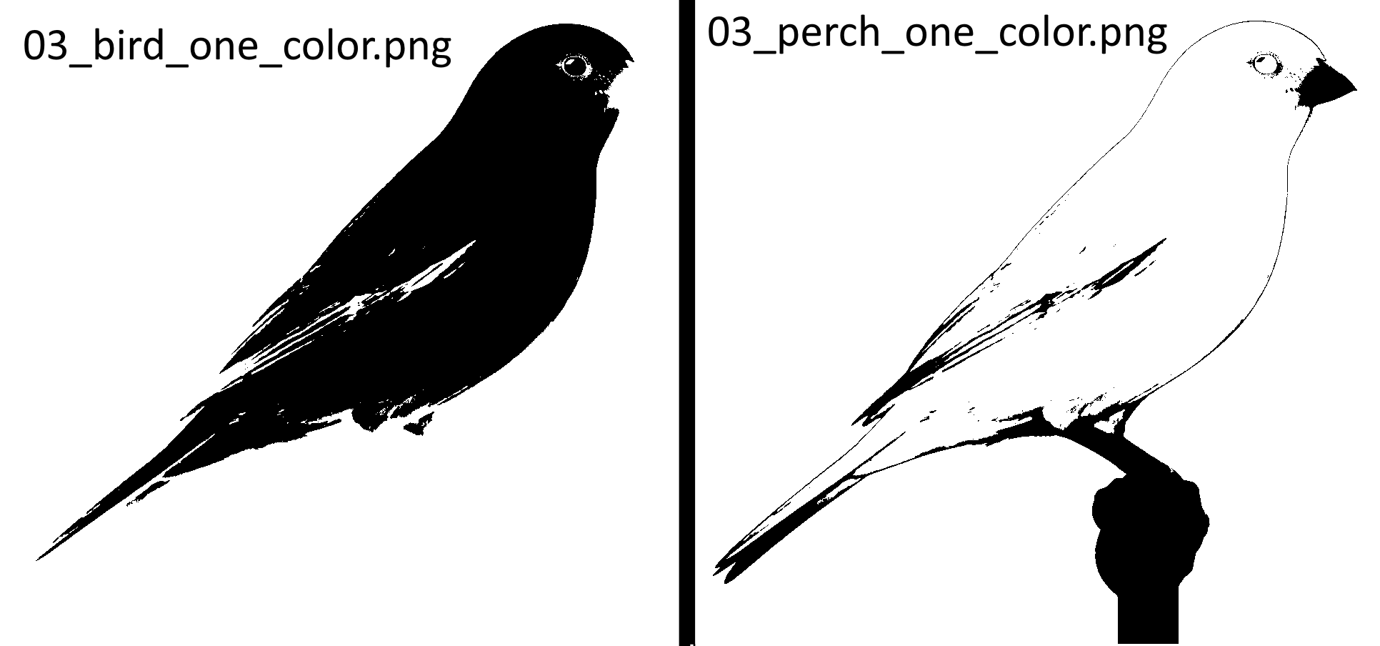 Bird and perch masks from the failed two-tone color-classification attempt